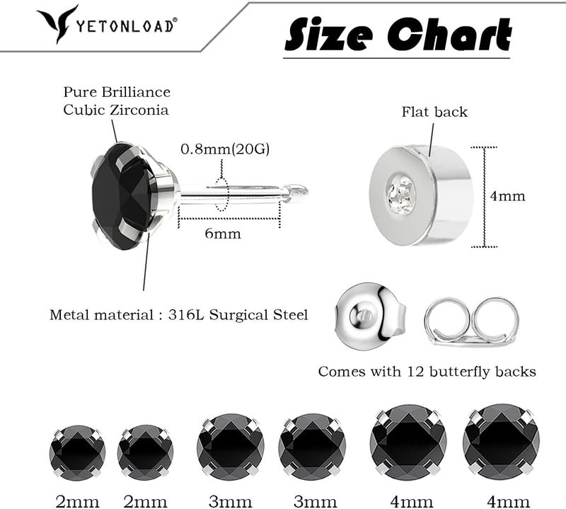 Yetonload 5-6 pairs Push-in Flat Back Stud Earrings Hypoallergenic Surgical Stainless Steel Cubic Zirconia Earrings Studs Set Multi-Pack, CZ Stud Earrings for Women Men Trendy Cartilage Stud Earrings 2-8mm - Image 2